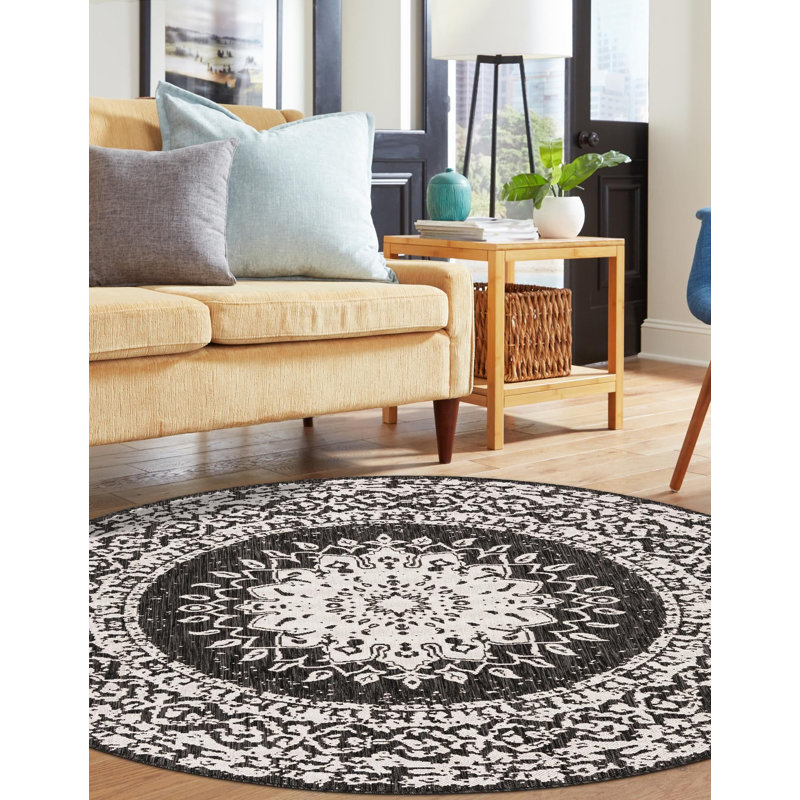 Tapis noir et blanc Contemporary Hitchens, Rond 3 pi 1 po