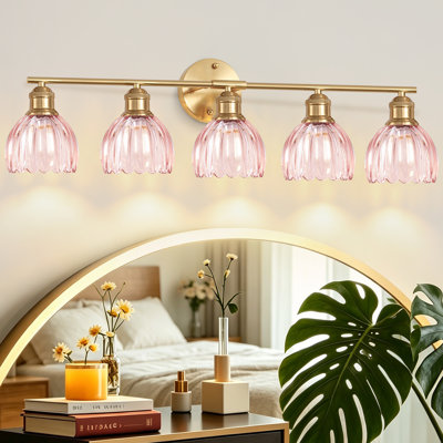 Applique murale moderne de salle de bain à 5 lumières (84 cm) avec abat-jour en verre tulipe à motif floral vintage