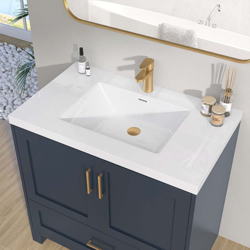 Comptoir de meuble-lavabo à surface solide de 36 pouces avec lavabo intégré, comptoir sans soudure blanc brillant, imperméable et facile à installer