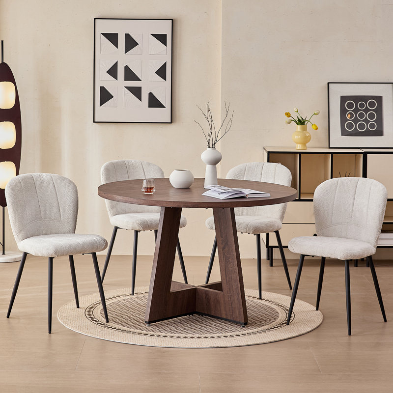 5-Piece Modern Round Dining Set, Walnut Table With 4 White Upholstered Chairs, White, Brown