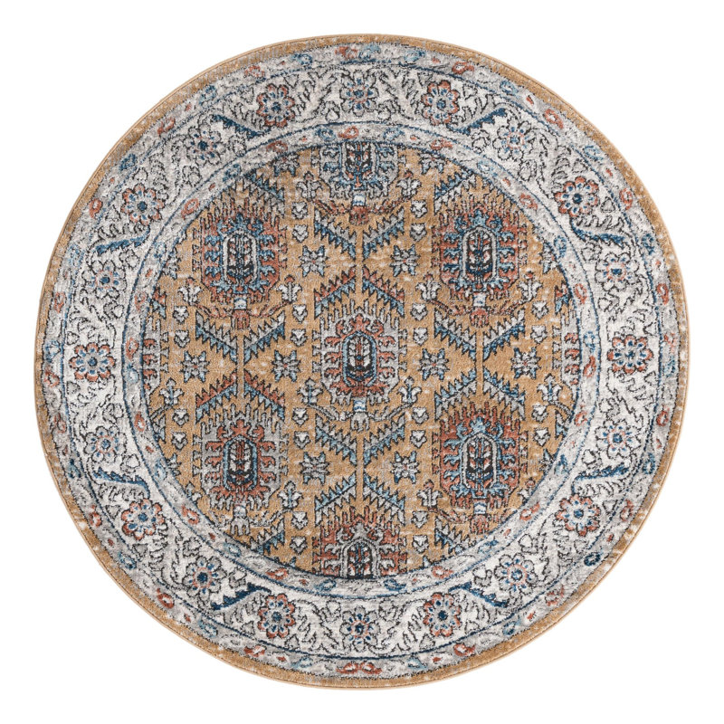 Weingartner Performance Mustard Yellow/Ivory/Blue Rug, Round 5'3"