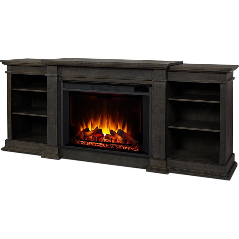 Meuble télé grand foyer électrique avec tablettes réglables, rangement, télécommande et minuterie, noir - Meuble télé avec foyer / bois / moderne