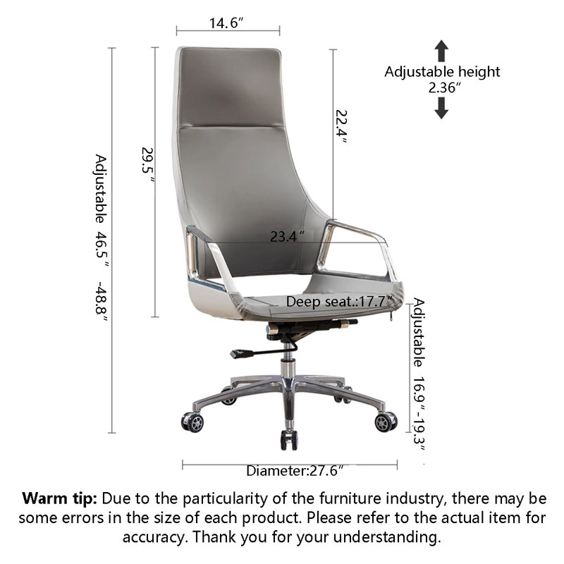 Chaise de bureau moderne en cuir à hauteur réglable avec base en alliage d'aluminium et roulettes