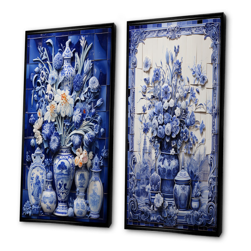 Bleu et blanc Boho Flower Pottery I - Boho Pottery Wall Art Living Room Ensemble de 2, H 40 po x l 41 po, Cadre flottant noir