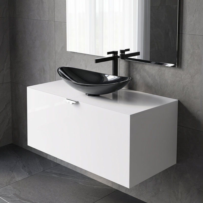 Mia 39.5'' Single Bathroom Vanity with Glass Top, White, White