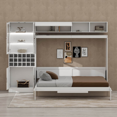 Grand lit escamotable mural avec canapé, tablettes de rangement, USB et lumière