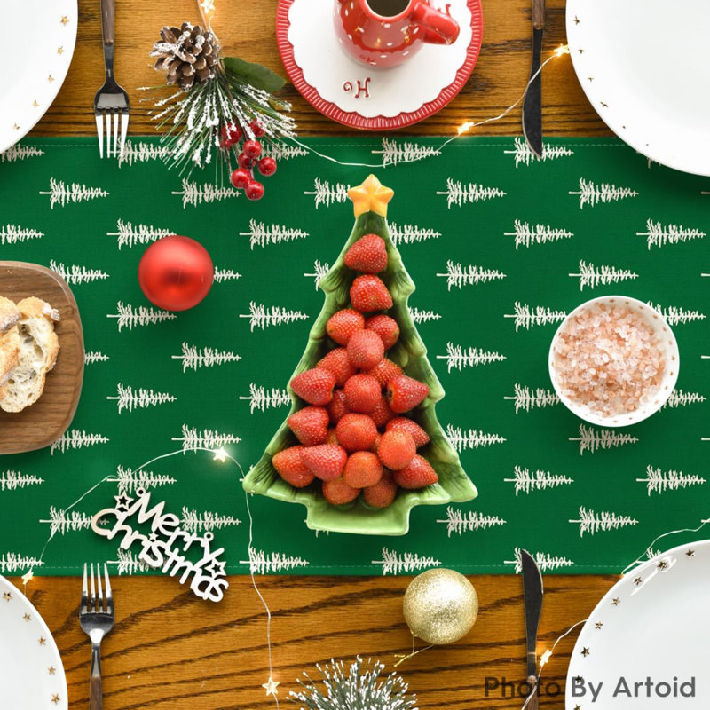 Xmas Tree Christmas Table Runner, Seasonal Winter Kitchen Dining Table Decoration For Home Party Decor, Green, 13" W x 72" L