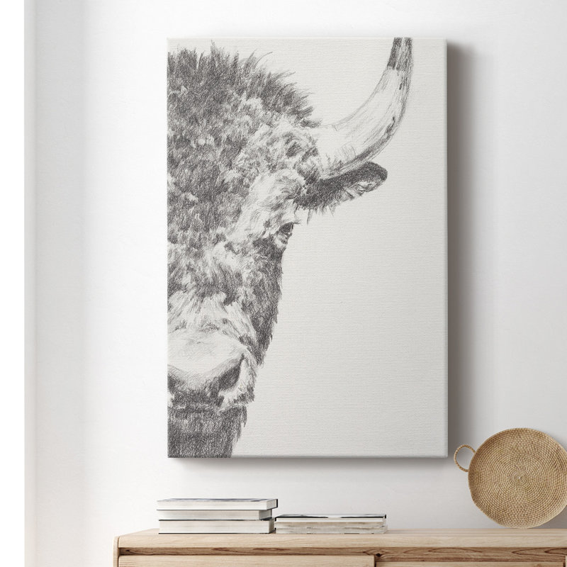 Graphite Bison Portrait I - peinture sur toile tendue, H 27 po x l 16 po x P 1 po