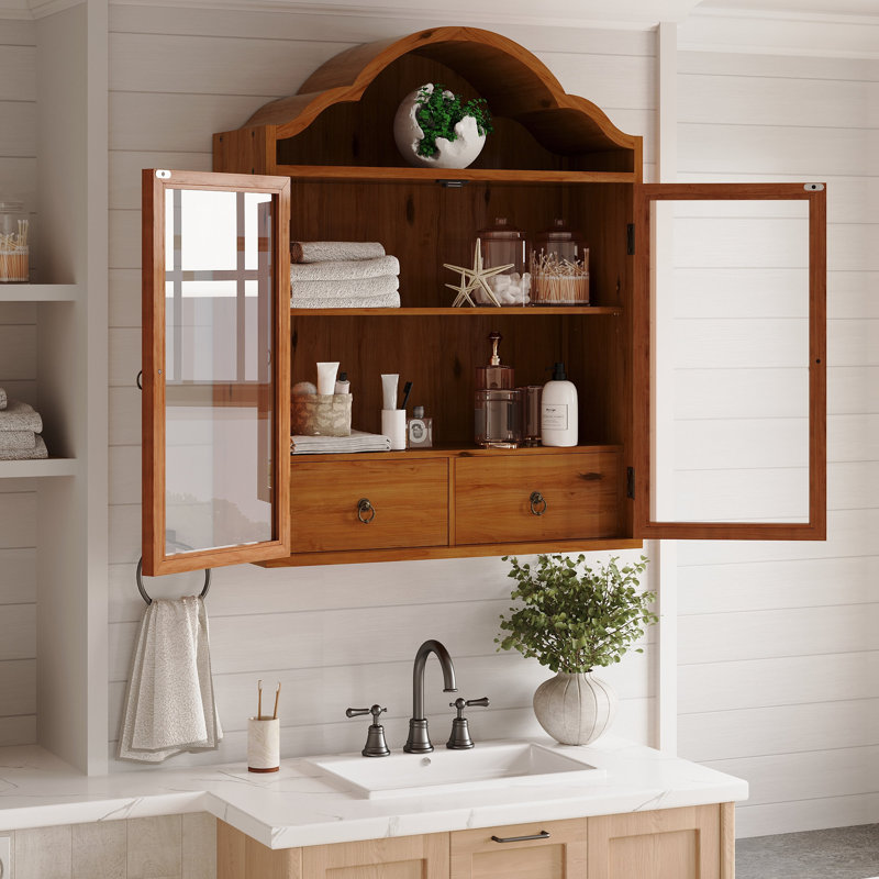 Armoire murale rétro en bois massif vieilli rustique avec plateau ondulé élégant, pour la salle à manger, la cuisine, le salon et la salle de bain, brun