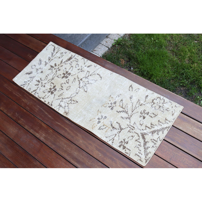 Handwoven Turkish Vintage Small Beige Wool Rug Ideal For Entryway and Door Mat