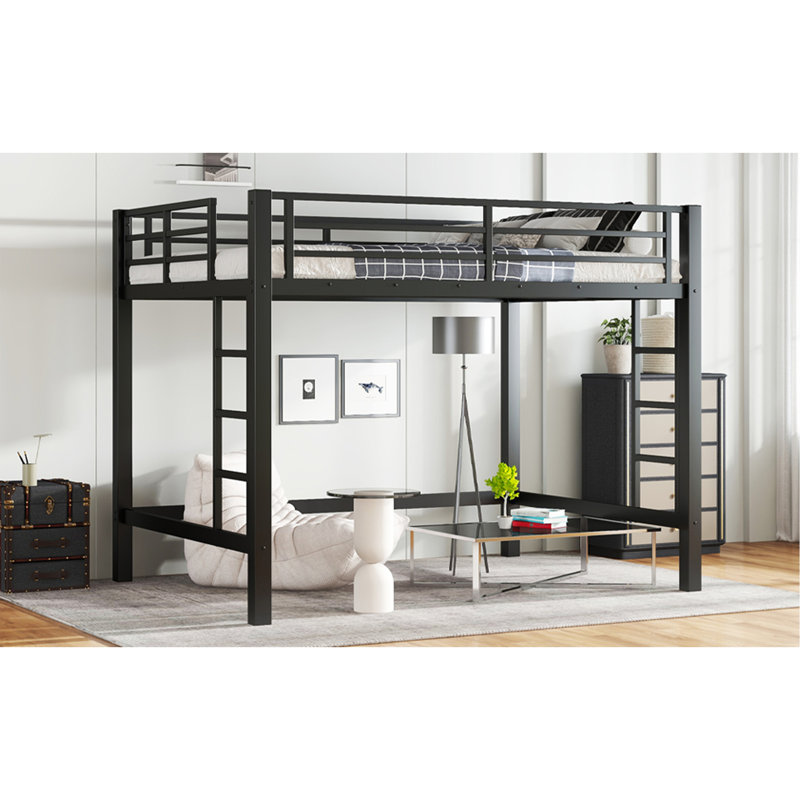 Twin Size Metal Loft Bed, Loft Bed with Easy Climbing Ladder and Guardrails , White, Full, Black