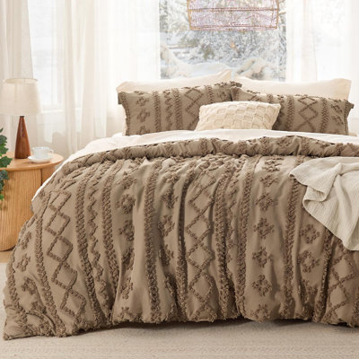 Ensemble d'édredon touffeté Boho pour grand lit - Ensemble d'édredon brun Boho, ensemble de literie 3 pièces à broderie Shabby Chic Farmhouse, cadeaux pour femme, édredon en jacquard doux pour toutes les saisons