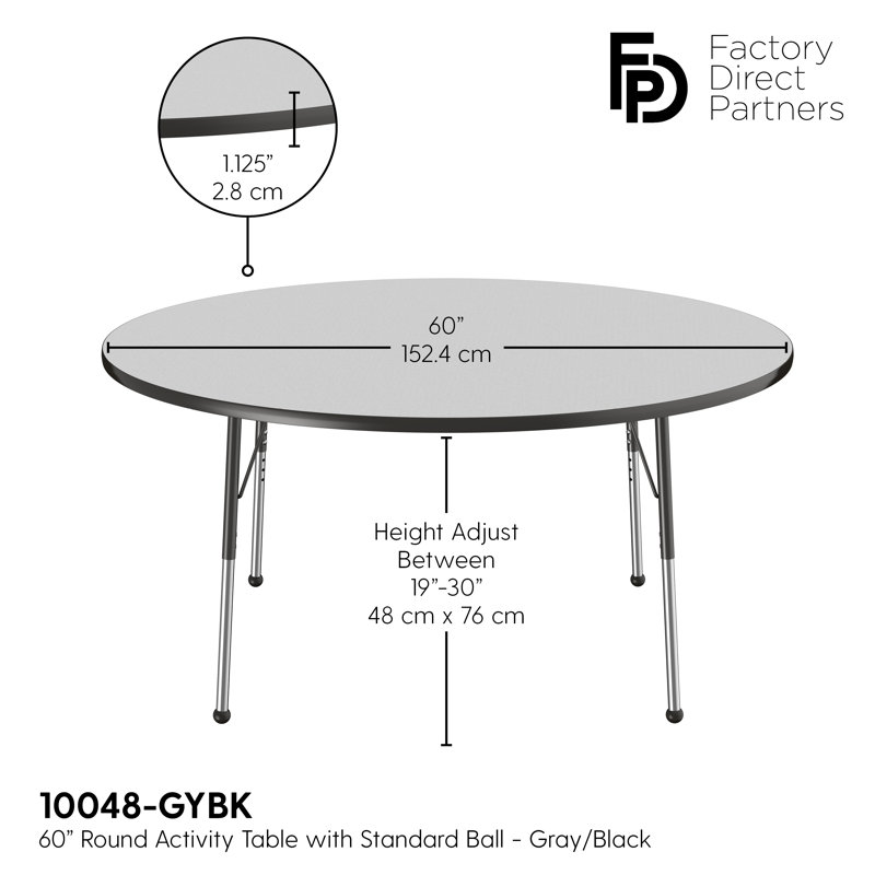 Table ronde à hauteur réglable, Gris / noir, H 24 po x L 60 po x l 60 po, Standard Ball Glide