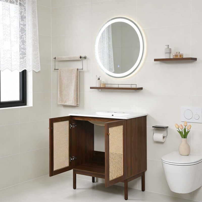 Meuble-lavabo de 30 pouces avec portes en bambou tissé à la main, Noyer foncé
