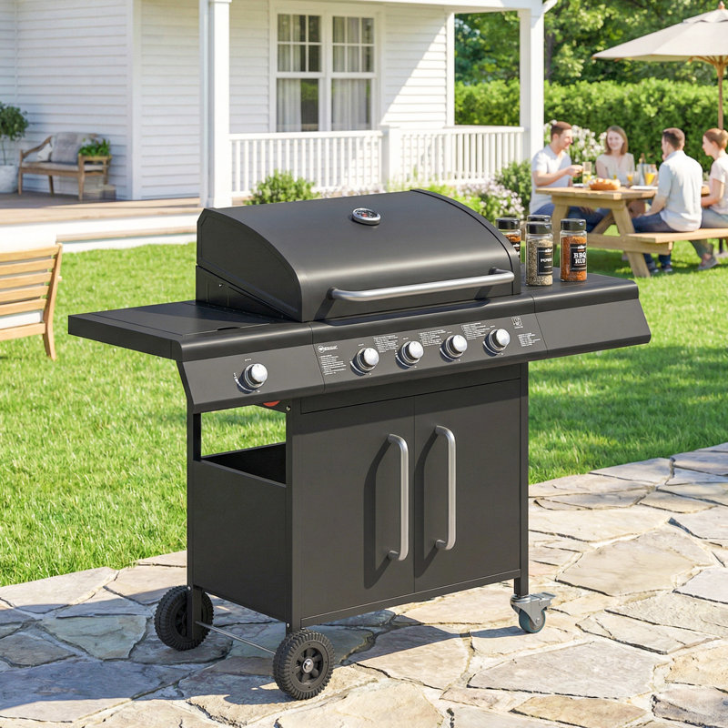 Outsunny 4+1 Burner Gas BBQ Grill with Storage Cabinet, 15.2 kW, Black