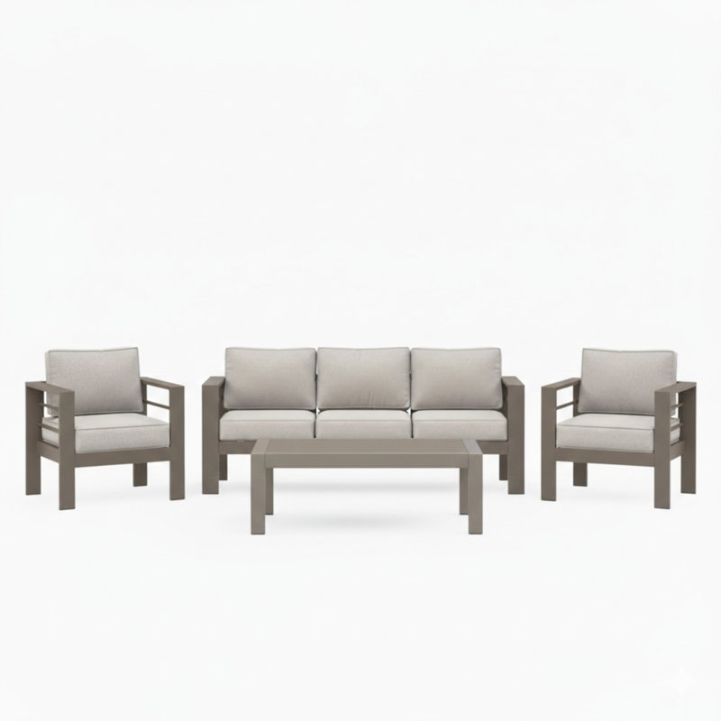 All-Weather 4-Piece Modern Metal Patio Furniture Set, Beige, Light Khaki
