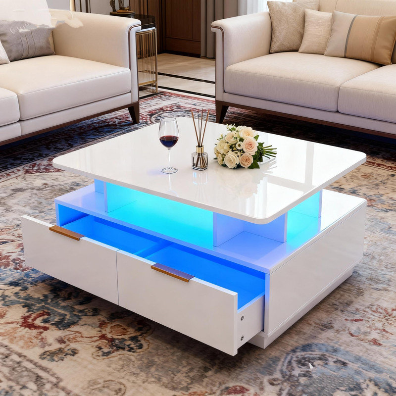 Table basse à DEL, table centrale moderne à 2 niveaux avec lumières changeantes de couleur, télécommande, 4 tiroirs et tablette pour le salon, blanc