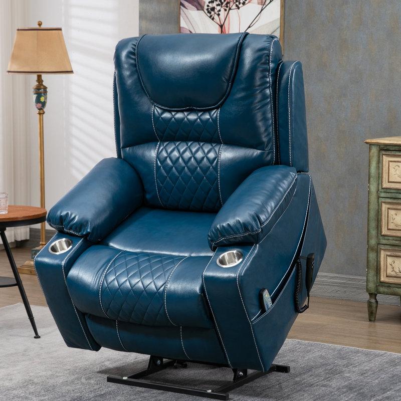38.2'' Wide Oversized Power Lift Recliner Chair with Heat & Massage, Lay flat design, Dual motor system, Blue Faux Leather