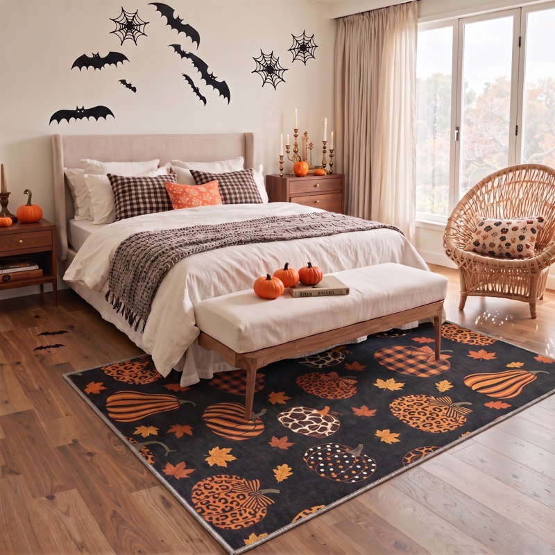 Tapis d'automne à motifs citrouille et feuilles d'automne, noir et orange, lavable à la machine, à poils courts, antidérapant
