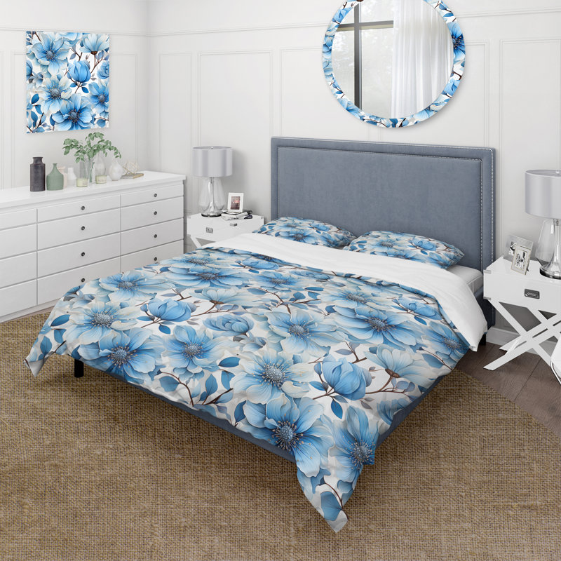 Ensemble de housse de couette motif floral bleu et blanc Dream II, Housse de couette simple + 1 taie décorative stan