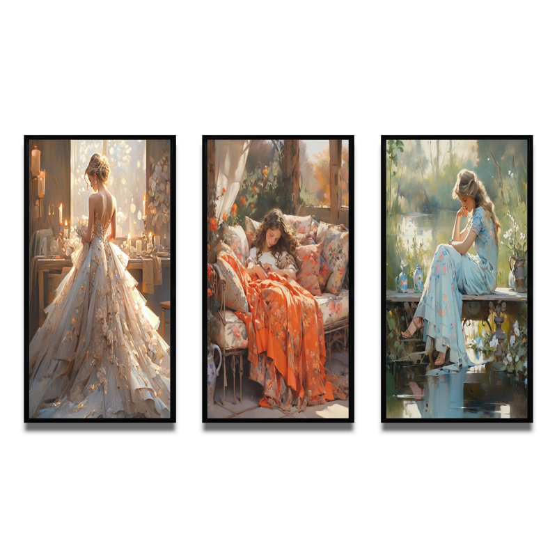 «Impressionistic Portrait Dreamy Elegant Woman II», 3 pièces sur toile, Cadre noir, H 40 po x l 60 po