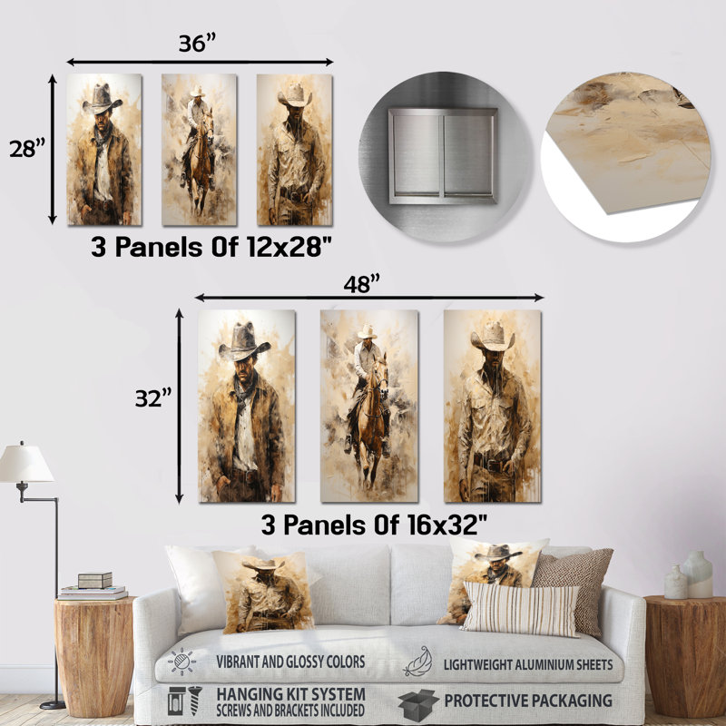 Minimalism Cowboy Painting - Cowboys Metal Prints Set Of 3, 28" H x 36" W