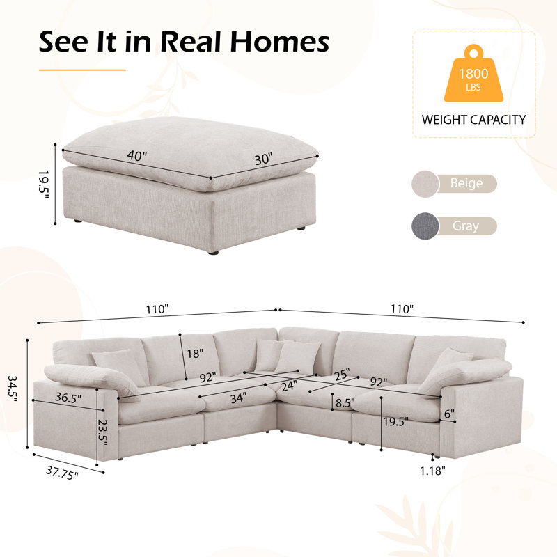 6-Piece Chenille Cloud Sectional Couches, Oversized Corner Sectional Sofa, Beige, 110" W x 110" D x 34.5"H, Beige