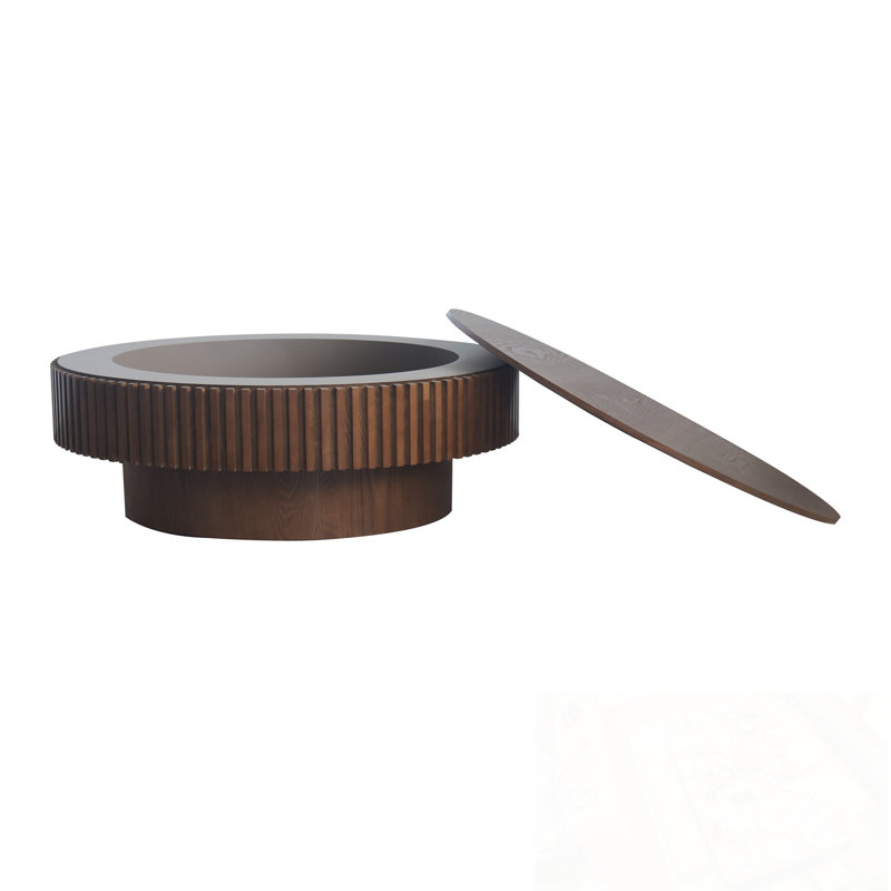 Table basse ronde avec rangement rabattable et base robuste, Noyer