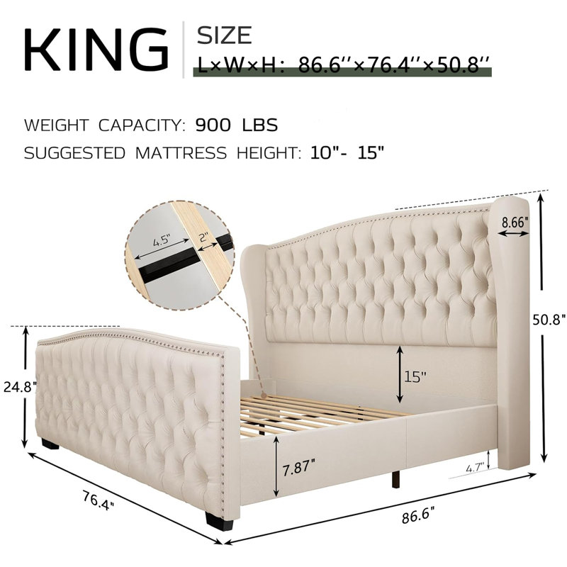 Platform Bed Frame With Wingback Headboard, King, Cream