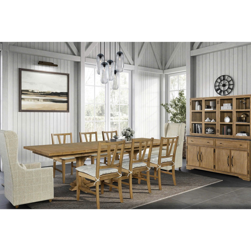 Cashew Trestle Table, 84" To 114" Extension, Geometric Veneer Design, Veneers In Warm Finish, Solid Wood + , 44" Wide, 30" High, 229 Lb Table Tabletop, Length Extends 114", Veneers, Width, Height,