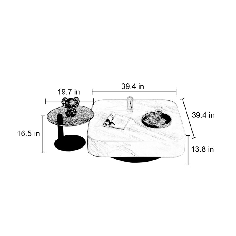 Table basse carrée en marbre italien, H 13,8 po x L 39,4 po x l 39,4 po, Blanc / café