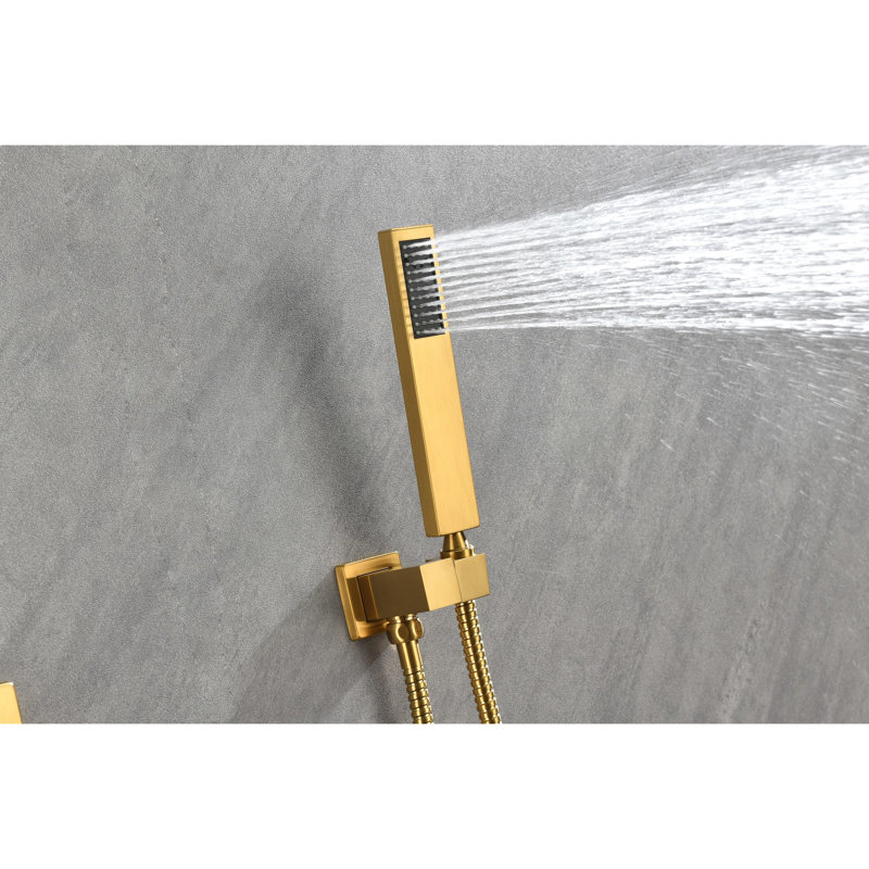 Douche haute avec tête rectangulaire et fonction de brume murale en laiton doré