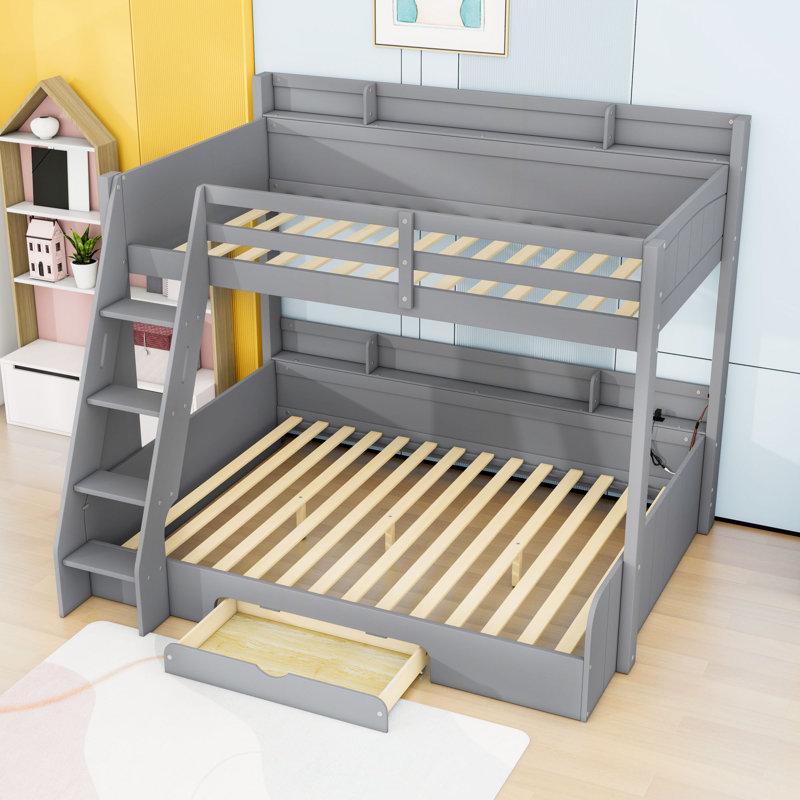 Twin Over Full Bunk Bed With Shelves, LED And Drawer, Gray