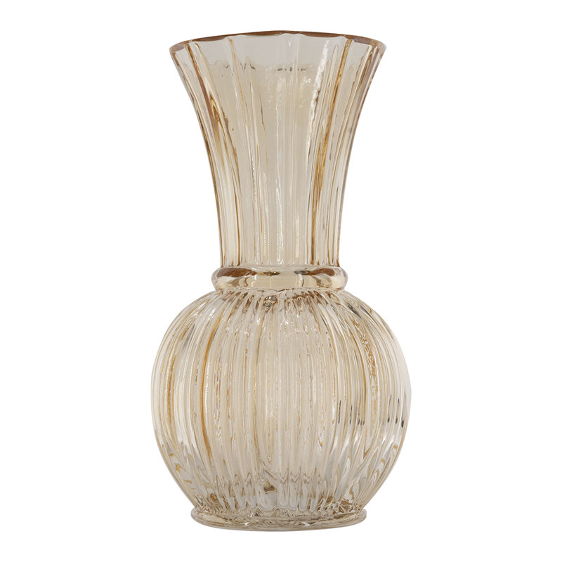 D5X9.6"H Amber Glass Accent Vase With Ribbed Texture And Flared Neck, 9.6" H x 5.1" W x 5.1" D