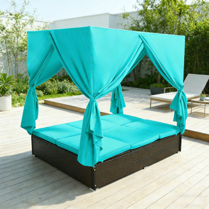 Outdoor Double Chaise Lounge Daybed With Curtains & Adjustable Backrest, Steel Frame Patio Sunbed Loveseat For Backyard, Poolside & Terrace
