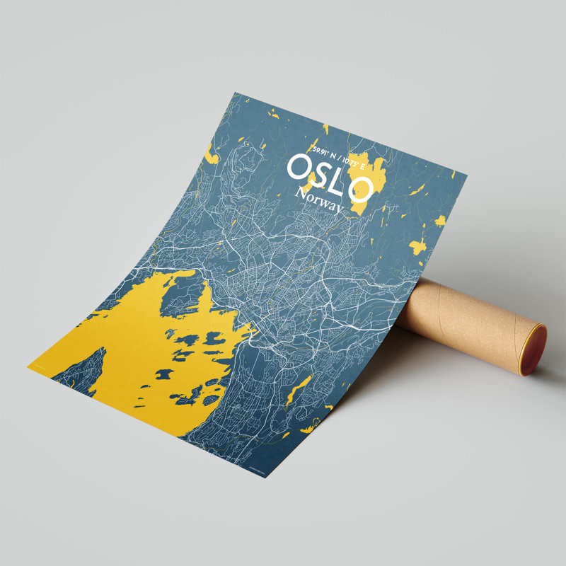 Oslo, carte de la ville, impression, H 20 po x l 16 po, Bleu / Jaune