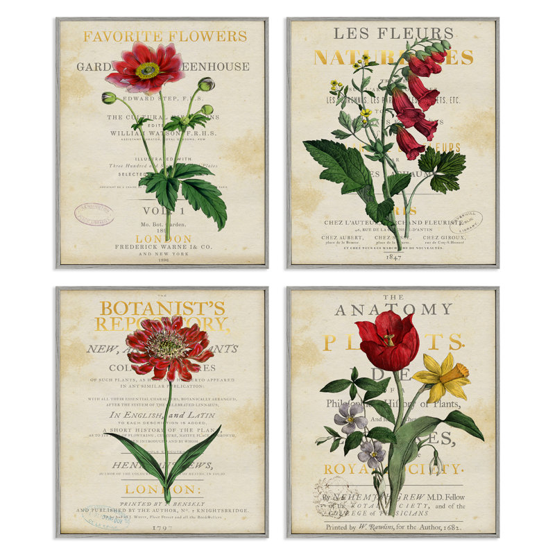 Fleurs rétro sur pages antiques, ensemble de 4 impressions sur toile encadrées, design par Susan Arnot, H 14 po x l 44 po
