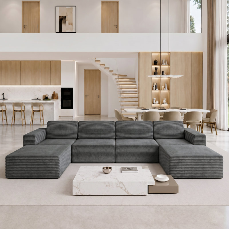 Modular Corduroy Boneless Sofa With 2 Ottomans, No Assembly Required, With High Rebound Sponge, 93" H x 404" W x 205" D, Grey