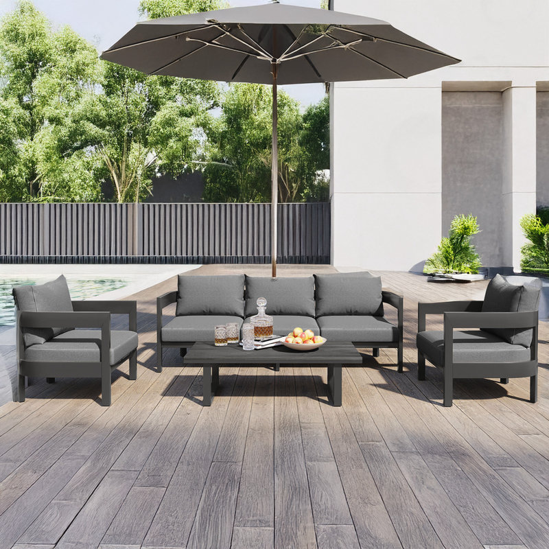 4-Piece Outdoor Conversation Set with Thick Cushioned Seating and Coffee Table, Gray