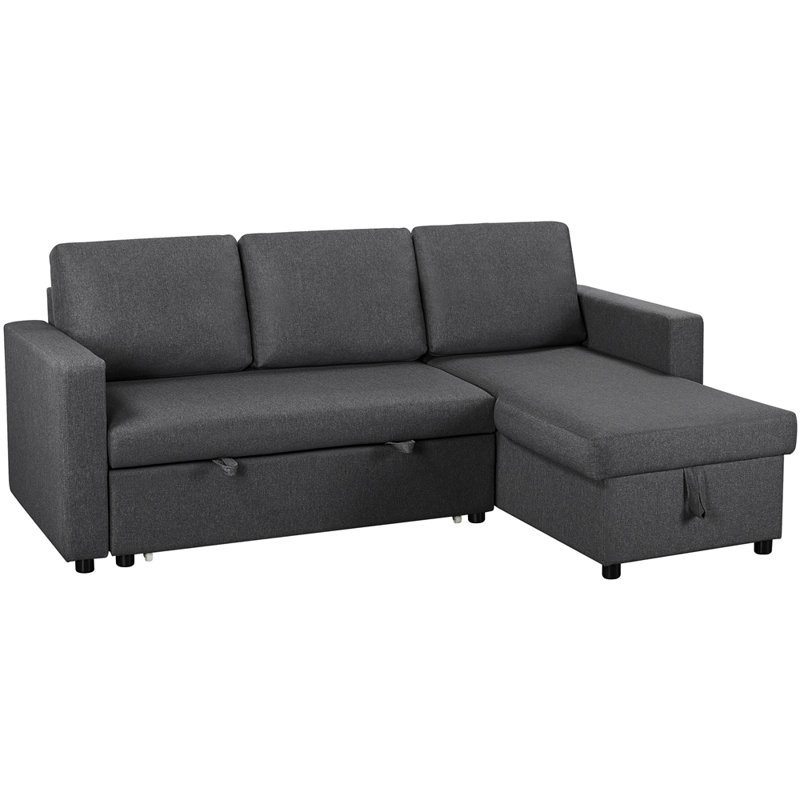Reversible Sectional Sofa with Pull Out Bed and Storage For Limited Spaces, Dark Grey Polyester
