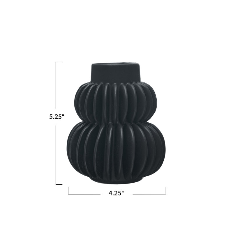 Black Pleated Stoneware Sculptural Vase