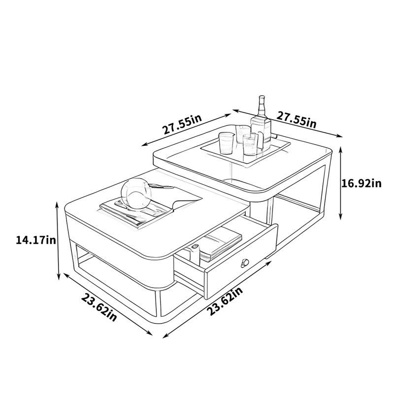 Modern Sintered Stone Coffee Table with Drawer, 16.92" H x 27.55" W x 27.55" D