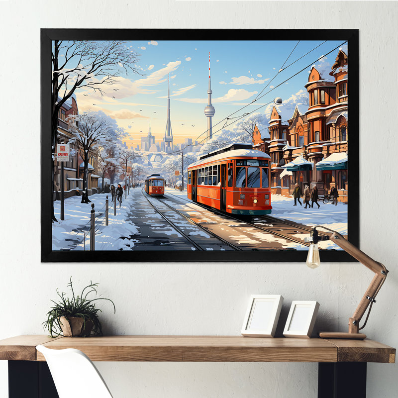 Toronto City in Winter I - art mural sur toile Toronto, Cadre d'angle fermé noir, H 24 po x l 32 po x P 1 po