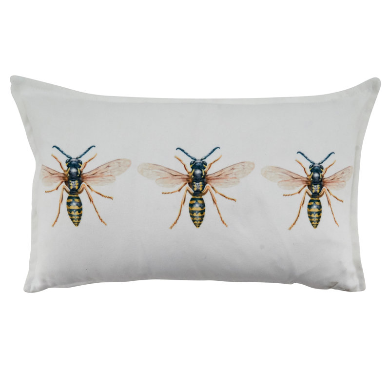 White Rectangular Poly Filled Throw Pillow with Bees Design