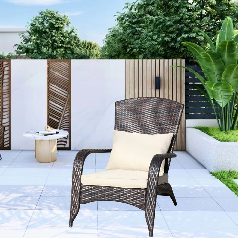 Beige Cushioned Patio Chair. Ergonomic Design For Outdoor Relaxation. Tall , Wide . Pe , Steel, . Water & . 250 Lbs Weight Limit. Assembly Required. Tools Supplied Cushion Folding Space, Capacity.