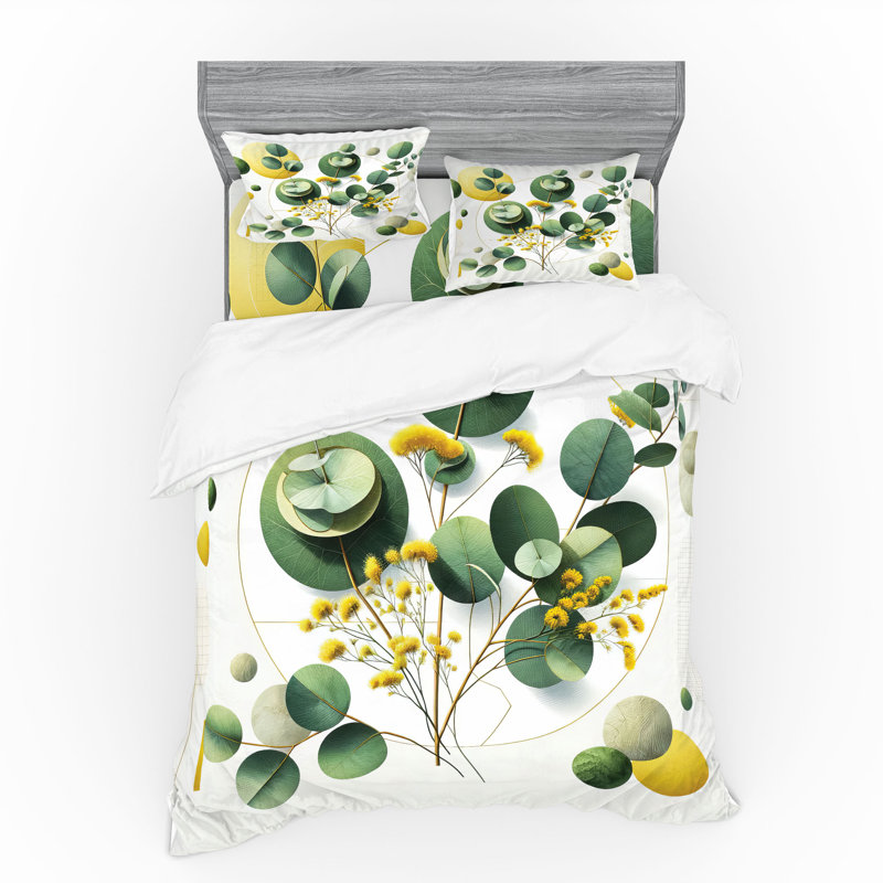 Ensemble de literie à feuilles d'eucalyptus Ambesonne et vert fougère jaune et blanc