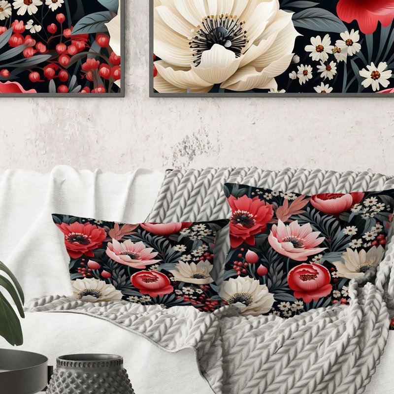 Coussin décoratif rétro à motif de coquelicots roses rétro, H 16 po x l 16 po