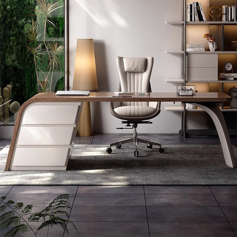 Bureau rectangulaire en noyer massif + bois manufacturé avec 3 tiroirs, Retour à droite, H 29,53 po x l 70,87 po x P 27,56 po