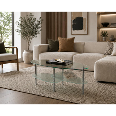 Modern Glass Coffee Table with Storage Shelf, Chrome Metal Legs, 2-Tier Tempered Glass Oval Living Room Table