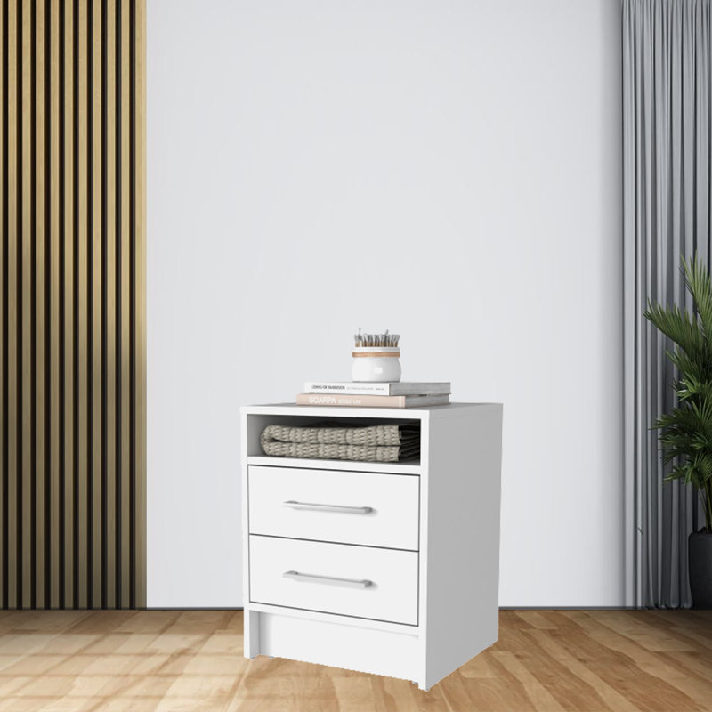 Table de chevet compacte Eter avec deux tiroirs et une tablette, rangement de chevet minimaliste, blanc